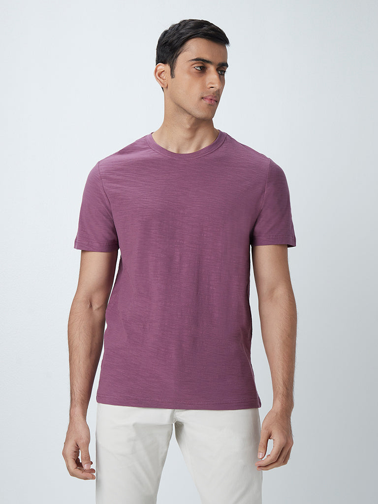 WES Casuals Purple Pure-Cotton Slim-Fit T-Shirt