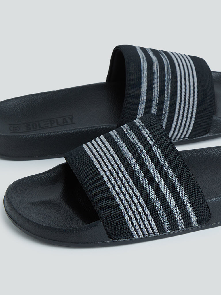 Buy SOLEPLAY Black Striped Slides from Westside