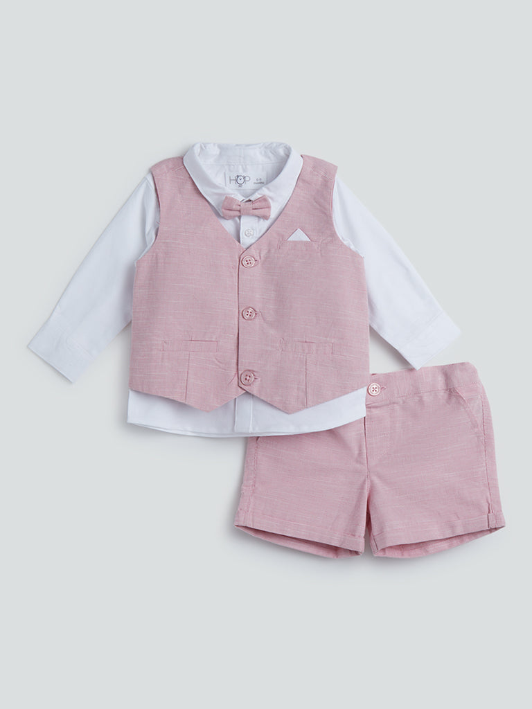 HOP Baby Pink Waistcoat, Shirt And Pants Set