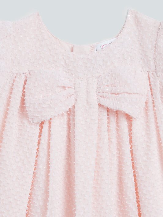 HOP Baby Peach Textured Dress With Bow