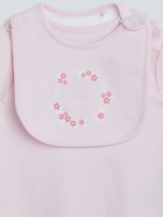 HOP Baby Pink Floral-Theme Rompers And Bib Set