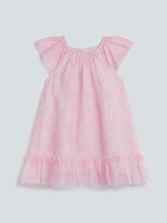 HOP Baby Pink Floral-Patterned Mesh Dress