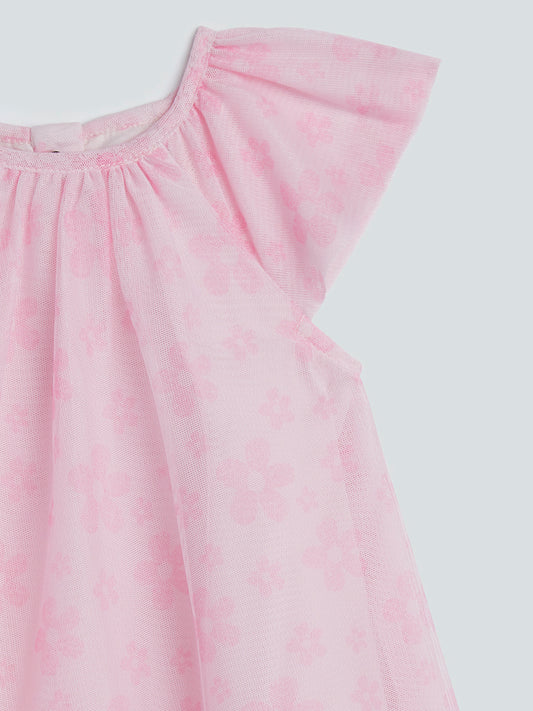 HOP Baby Pink Floral-Patterned Mesh Dress
