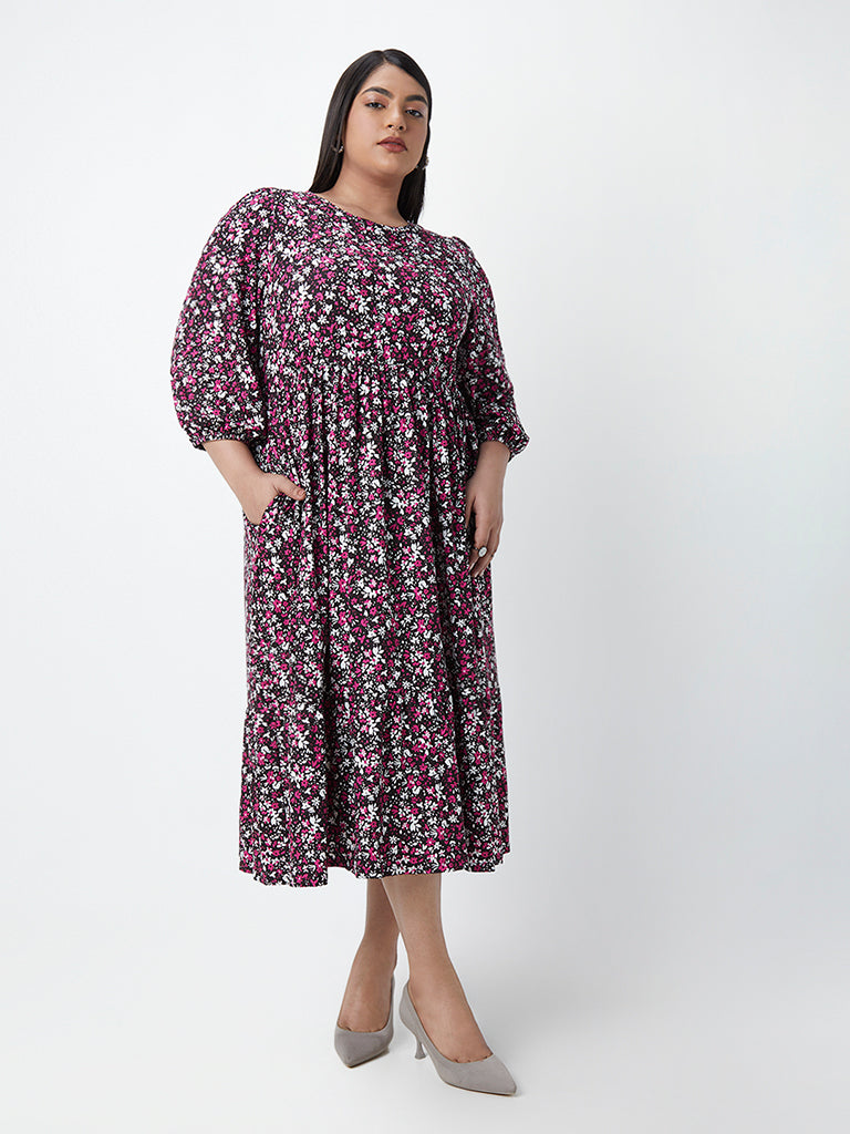 Gia Curves Magenta Floral-Printed Maxi Dress