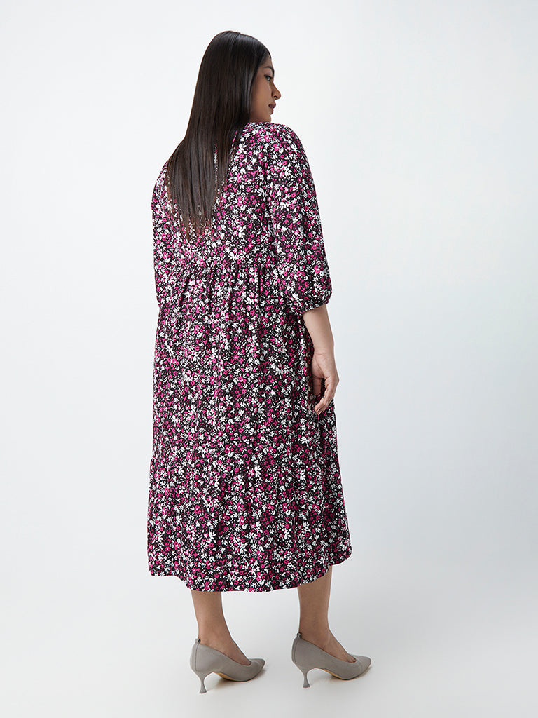 Gia Curves Magenta Floral-Printed Maxi Dress