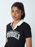 Studiofit Black Text Patterned Polo T-Shirt