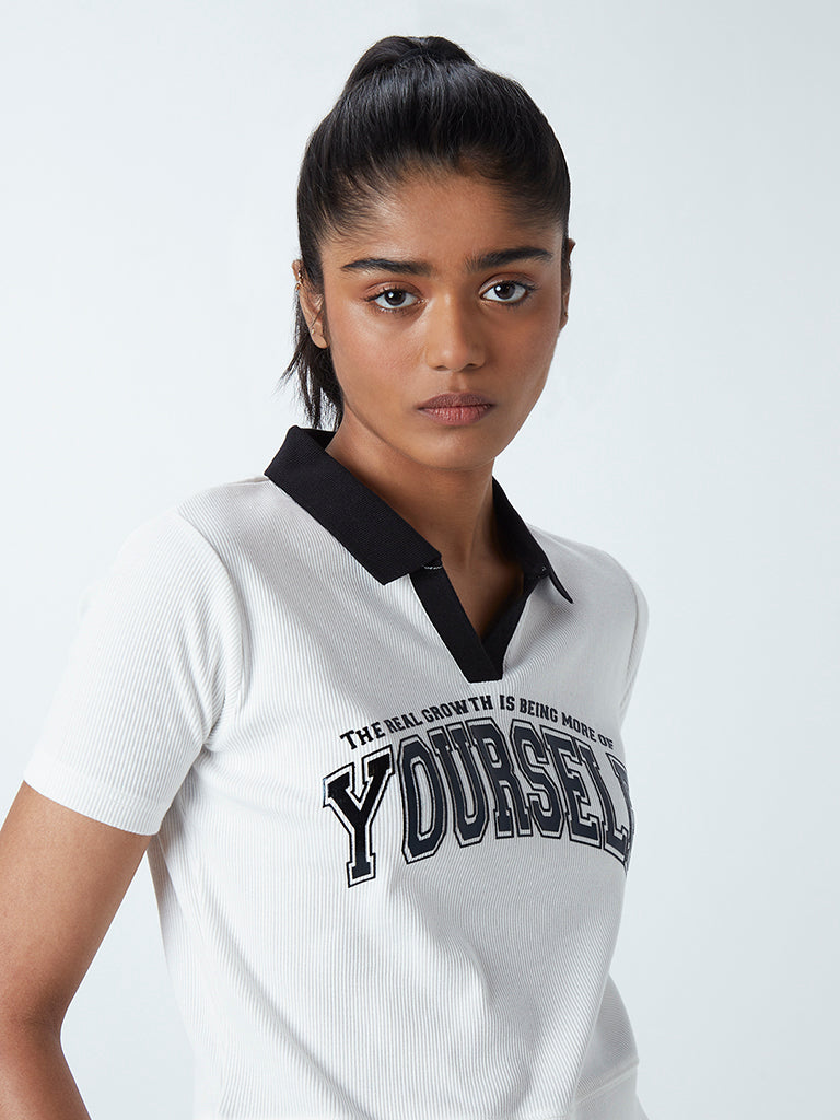Studiofit White Text Patterned Polo T-Shirt