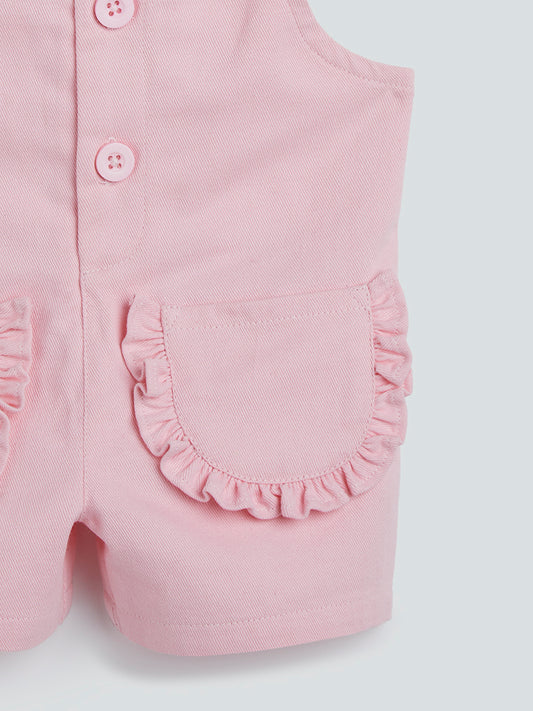HOP Baby Pink Ruffle Detail Dungarees