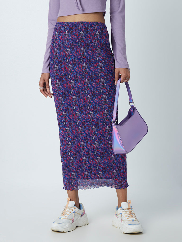 Silk Cotton Casual Ladies Floral Print Skirt with Plain Top