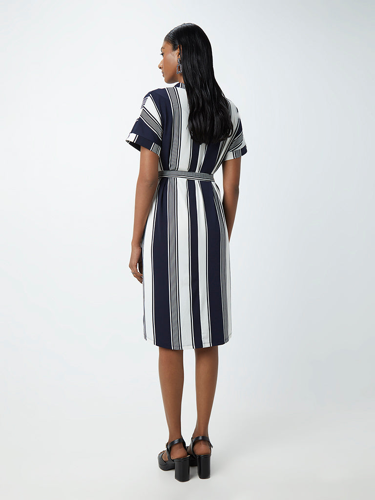 Wardrobe Navy And White Striped Dress With Belt