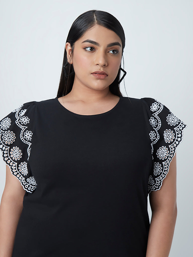 Gia Curves Black Schiffli-Embroidered Top