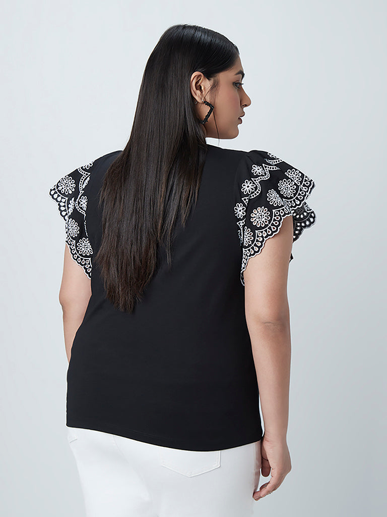 Gia Curves Black Schiffli-Embroidered Top