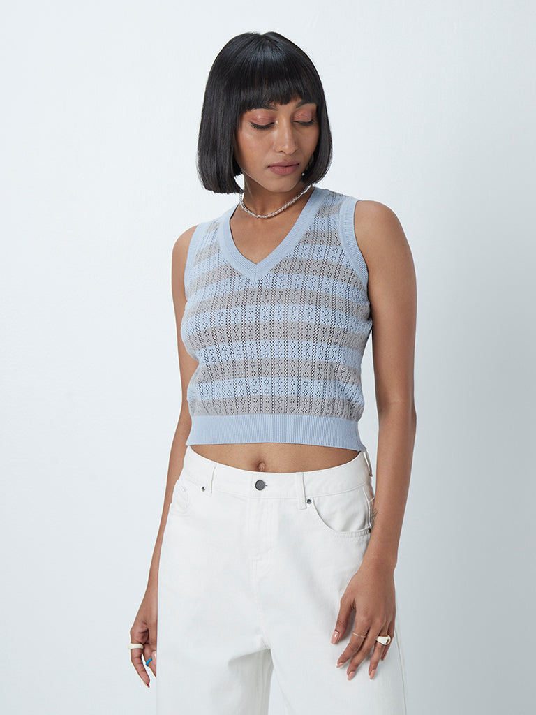 Nuon Dusty Blue Colour-Block Knitted Top