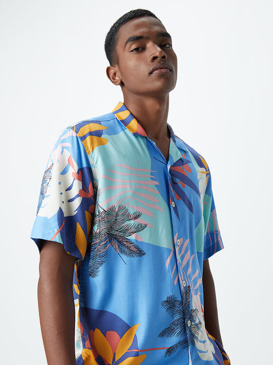Nuon Blue Tropical-Themed Slim-Fit Shirt
