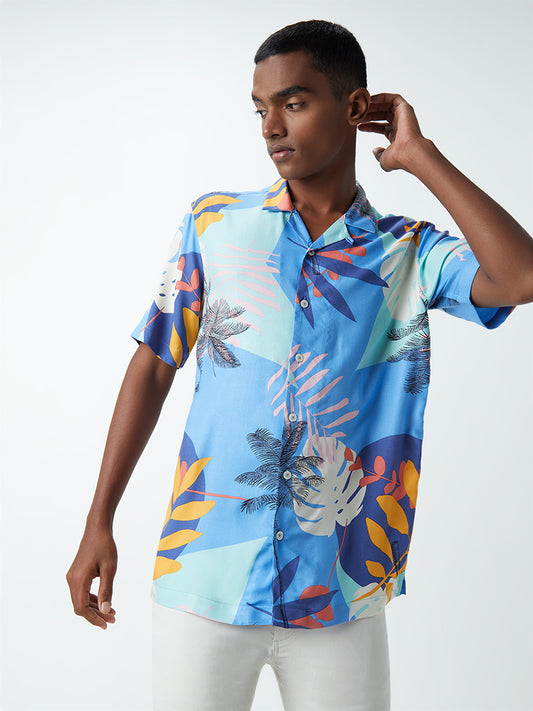 Nuon Blue Tropical-Themed Slim-Fit Shirt