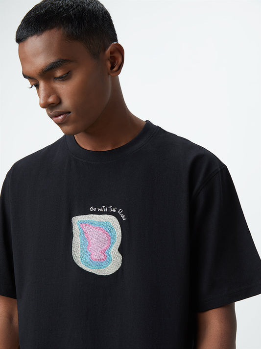 Nuon Black Text-Printed Relaxed-Fit T-Shirt