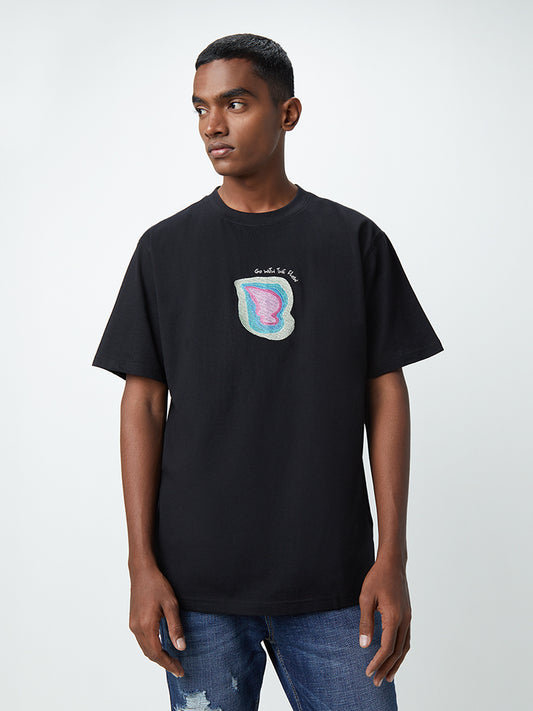 Nuon Black Text-Printed Relaxed-Fit T-Shirt