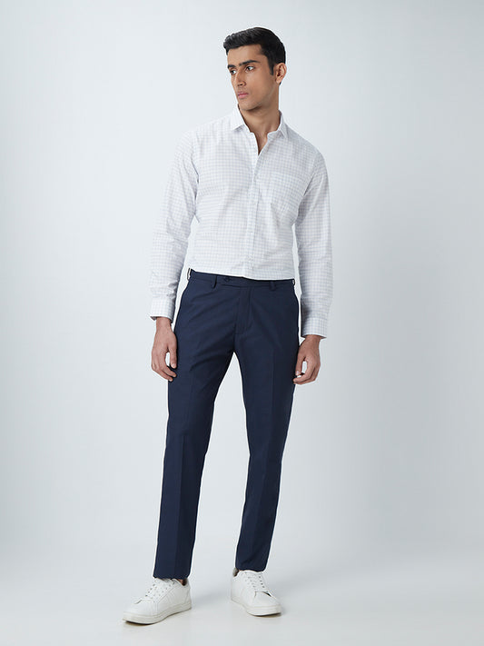WES Formals Navy Checkered Relaxed-Fit Mid-Rise Trousers