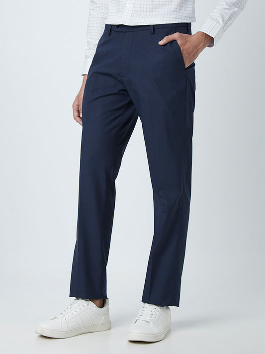 WES Formals Navy Checkered Relaxed-Fit Trousers