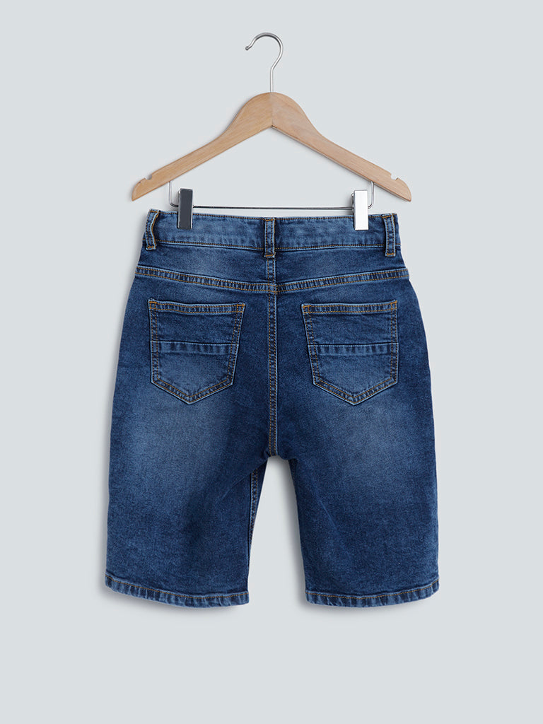 Y&F Kids Dark Blue Faded-Wash Shorts