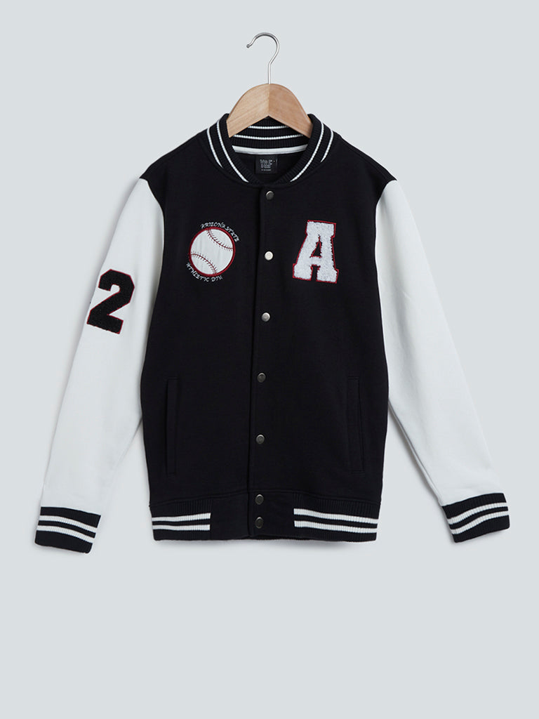 Y&F Kids Black Printed Cotton-Blend Varsity Jacket