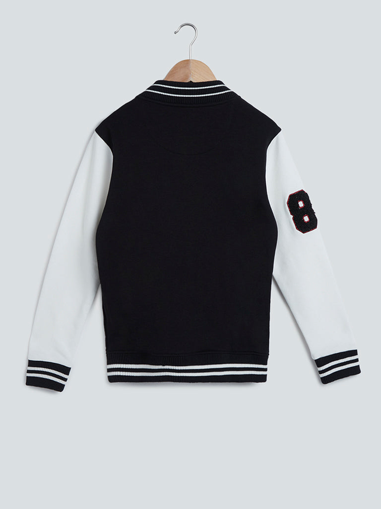 Y&F Kids Black Printed Cotton-Blend Varsity Jacket