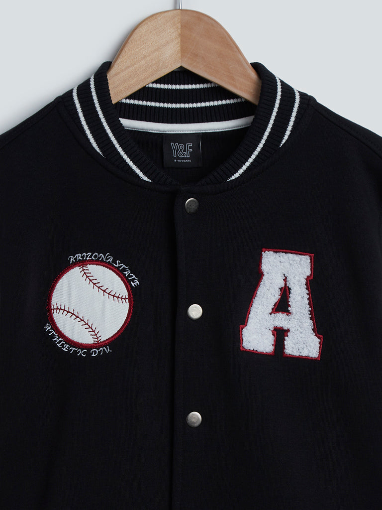 Y&F Kids Black Printed Cotton-Blend Varsity Jacket