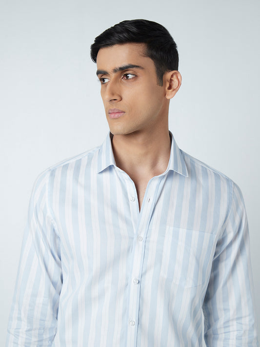 WES Formals Light Blue Striped Slim-Fit Shirt