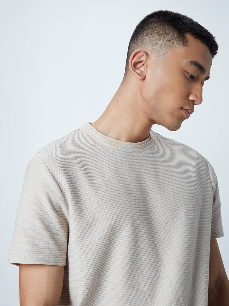 ETA Beige Self-Textured Cotton Blend Slim-Fit T-Shirt
