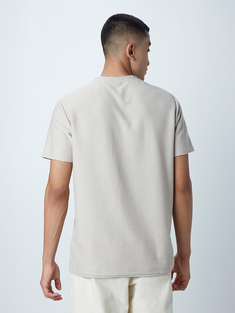 ETA Beige Self-Textured Cotton Blend Slim-Fit T-Shirt
