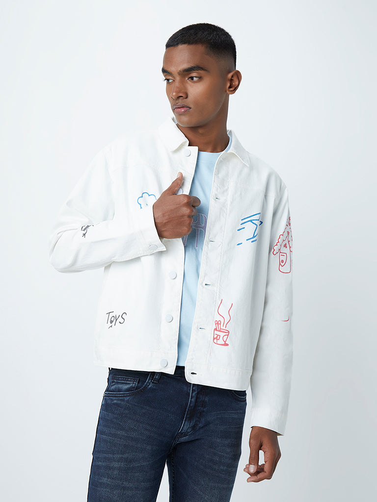 Nuon White Printed Denim Jacket