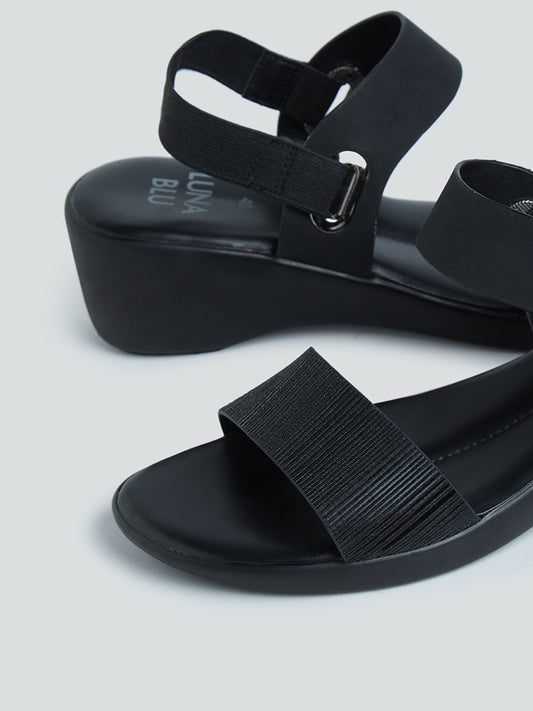LUNA BLU Black Shimmer Wedge-Heel Sandals