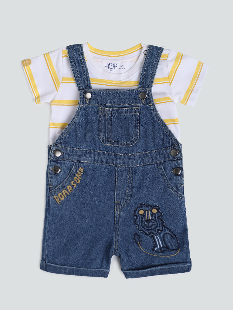 HOP Baby Mid Wash Embroidered Dungaree with T-Shirt