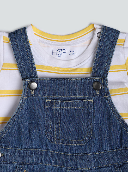 HOP Baby Mid Wash Embroidered Dungaree with T-Shirt