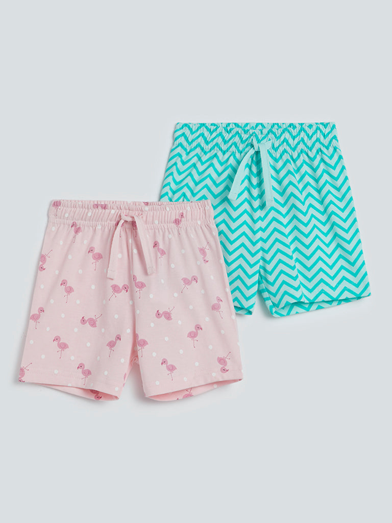 HOP Baby Teal & Pink Printed Shorts Set of Two