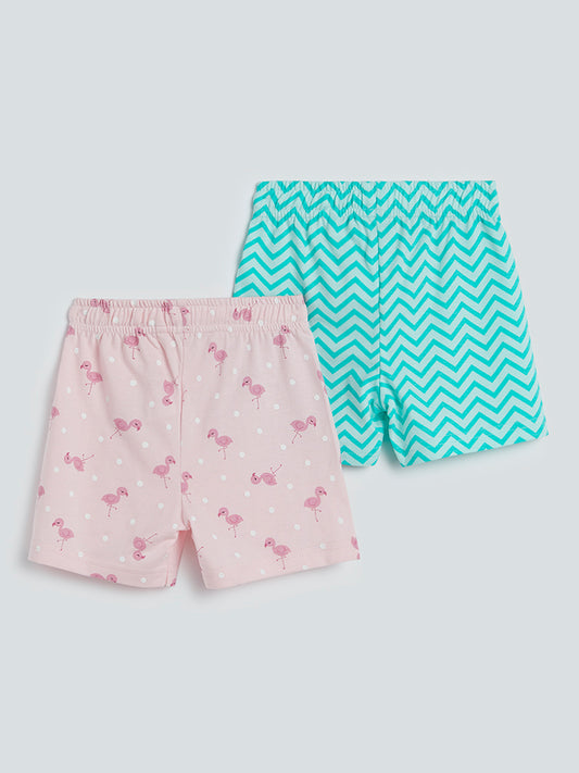 HOP Baby Teal & Pink Printed Shorts Set of Two