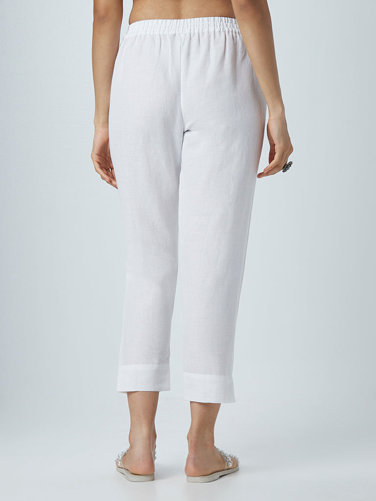 Zuba White Ethnic Linen-Blend Pants