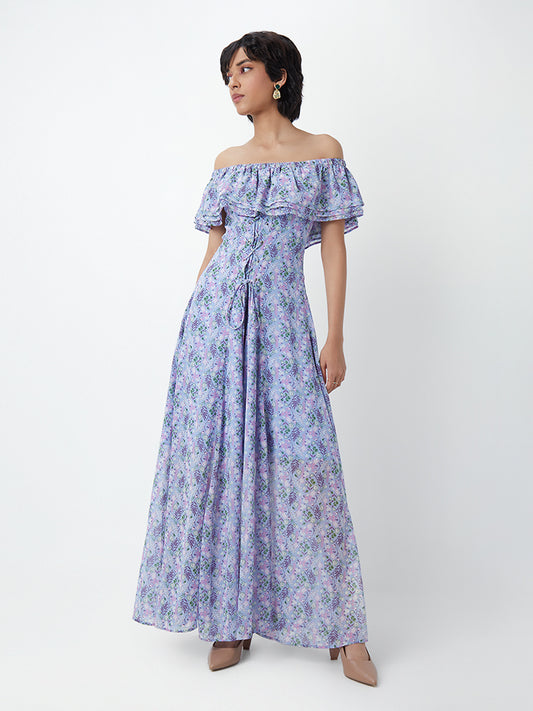 Nuon Blue Off-Shoulder Printed Maxi Dress