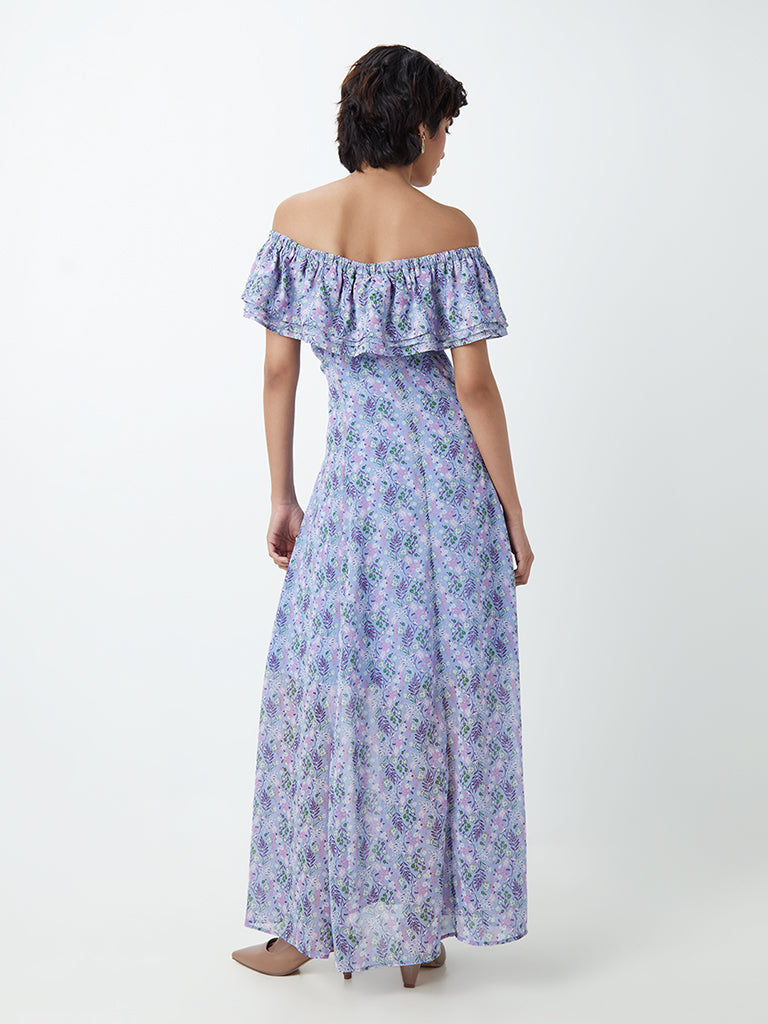 Nuon Blue Off-Shoulder Printed Maxi Dress