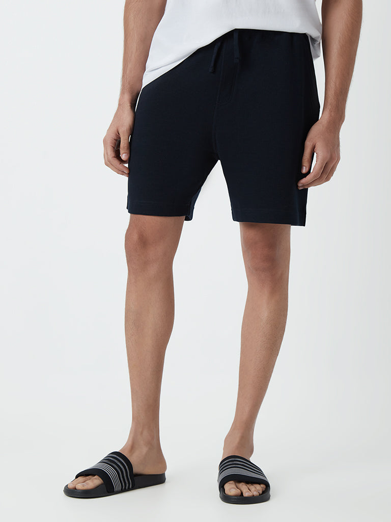 WES Lounge Navy Self-Textured Cotton Blend Relaxed-Fit Shorts