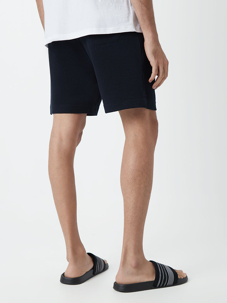 WES Lounge Navy Self-Textured Cotton Blend Relaxed-Fit Shorts