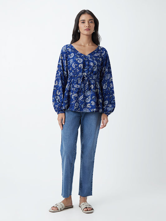 LOV Dark Blue Printed Blouse