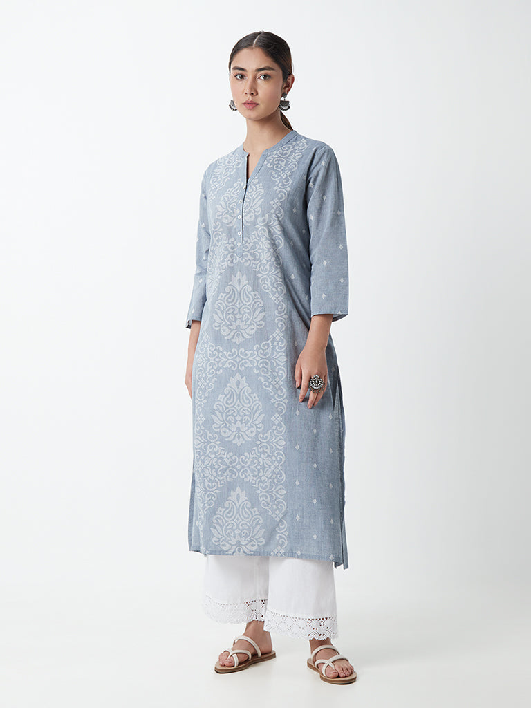 Utsa Blue Floral Print A-Line Kurta