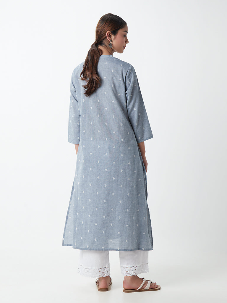Utsa Blue Floral Print A-Line Kurta