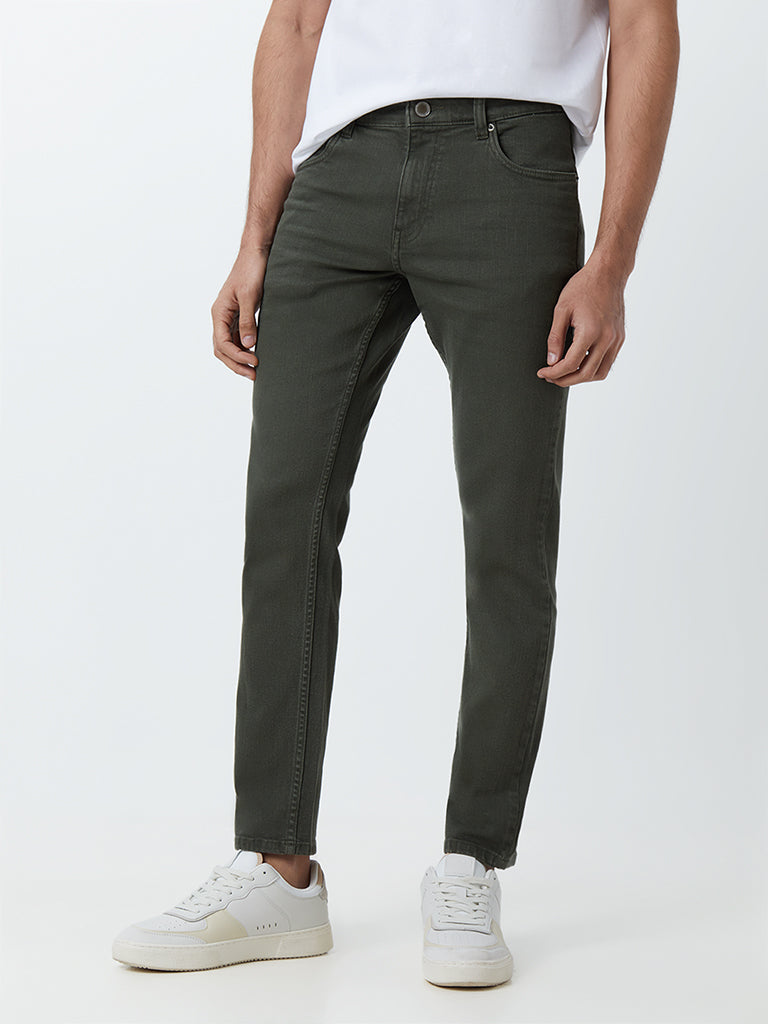 WES Casuals Olive Slim-Fit Mid Rise Jeans