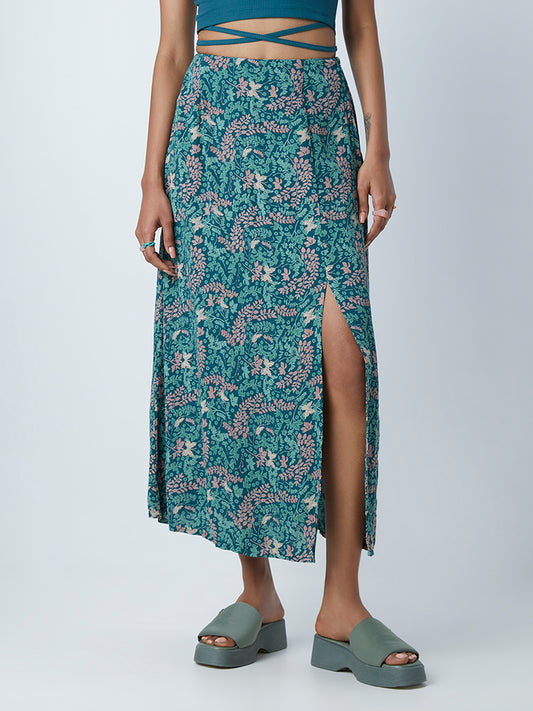 Nuon Teal Floral Patterned Skirt