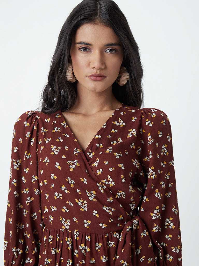 LOV Brown Floral-Patterned Dress