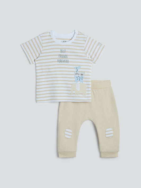 HOP Baby Beige Printed T-Shirt And Joggers Set