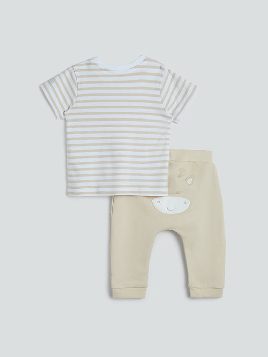 HOP Baby Beige Printed T-Shirt And Joggers Set