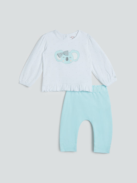 HOP Baby Light Blue Printed T-Shirt And Pants Set
